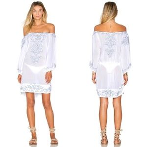 POUPETTE ST BARTH Abel Embroidered Off Shoulder Dress in White Light Navy